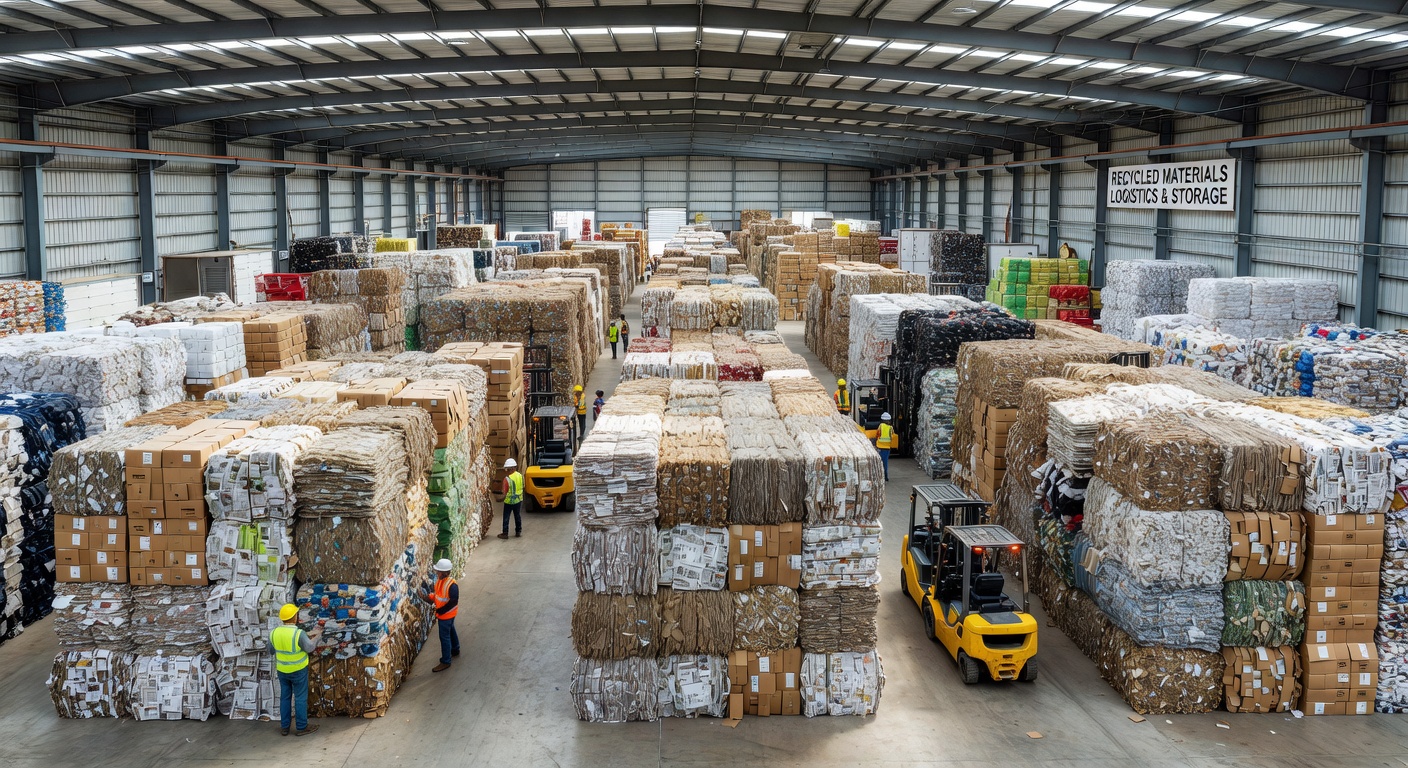 Interior view of a recycled materials warehouse with sorted plastic bales